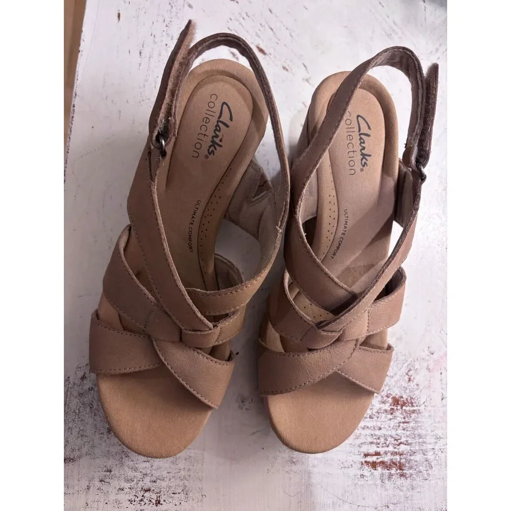 Clarks Collection McWen Strap Wedge Sandals Women's 8 Taupe Leather Comfort